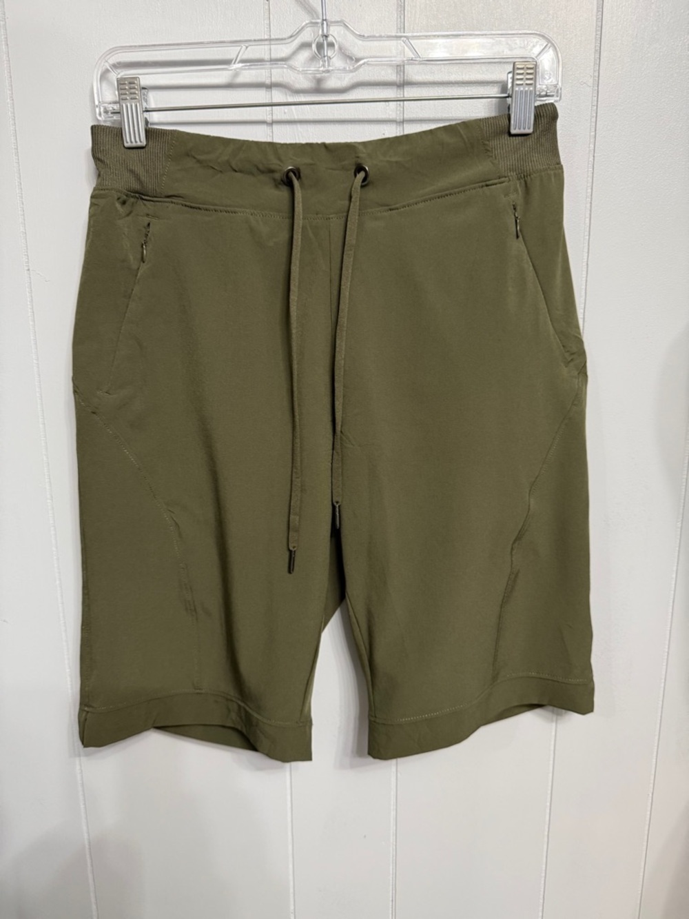 #4)  Olive Green Drawstring Performance Shorts with pockets